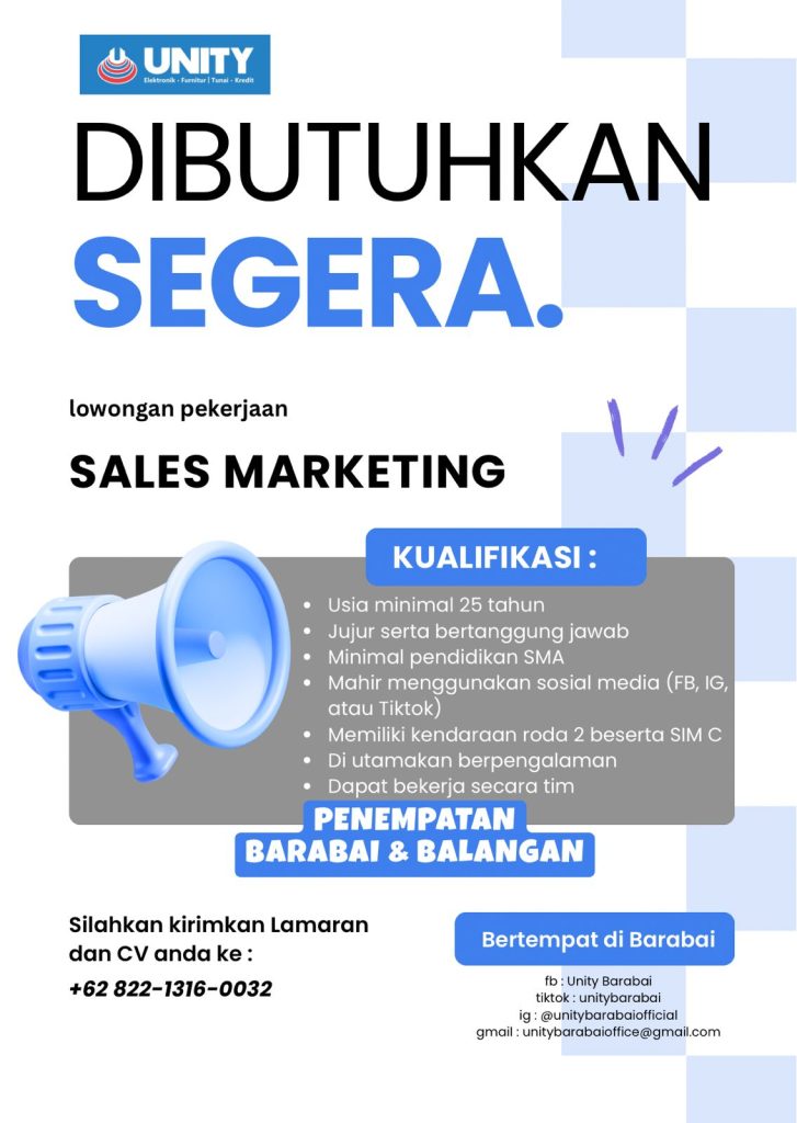Lowongan Kerja Sales Marketing UNITY (Penempatan Barabai & Balangan)