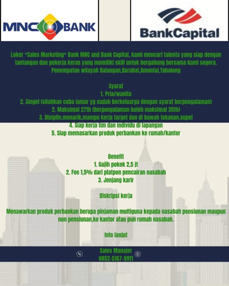 Lowongan Kerja Sales Marketing Bank MNC & Bank Capital Kalsel