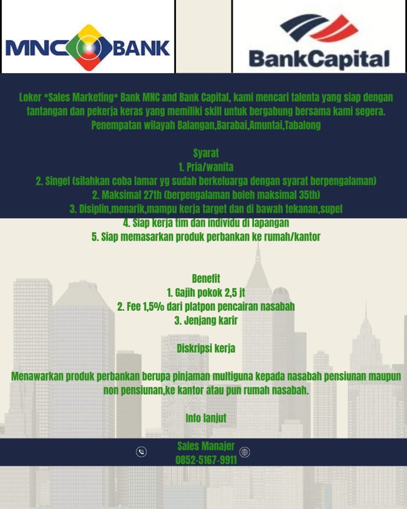 Lowongan Kerja Sales Marketing Bank MNC & Bank Capital Kalsel