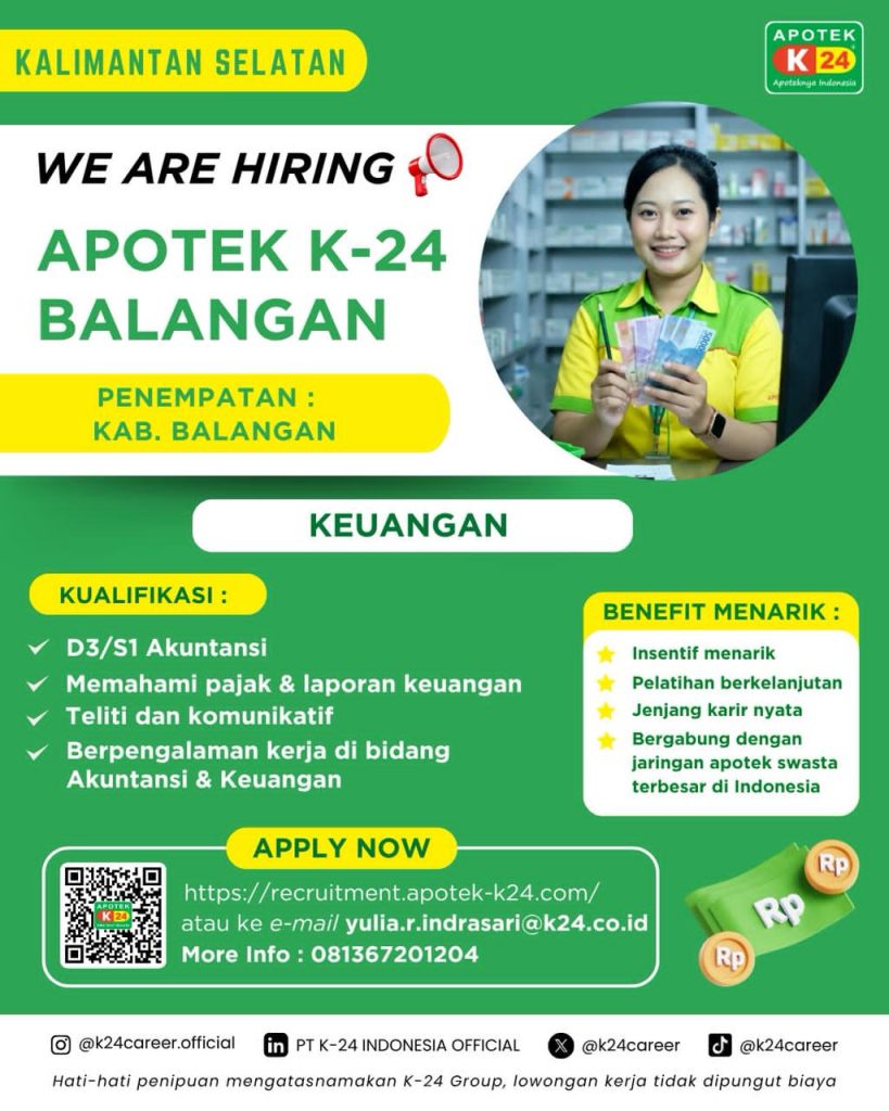 Lowongan Kerja Staf Keuangan Apotek K-24 Balangan
