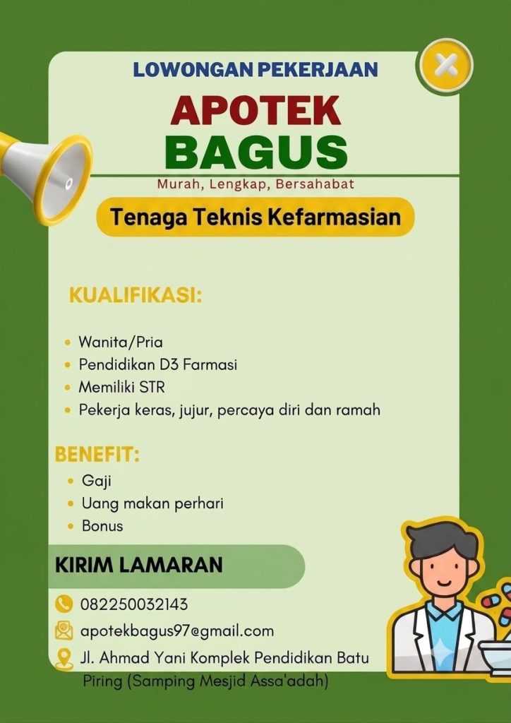 Lowongan Kerja Tenaga Teknis Kefarmasian di Apotek Bagus