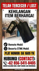 Telah Tercecer Remote Mobil dan STNK plat Da 1609 YH