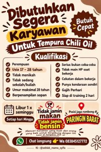 Lowongan Untuk Karyawan Tempura Chili Oil